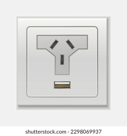 Realistischer Sockel. AUS, Arg, Chz, Nzl Sockel, Vektorgrafik. Adapter. Wand für isolierte elektrische Geräte. Geben Sie I und USB ein. Mehrere Standardstecker für Stecker. AC-Adapter für elektrische Geräte