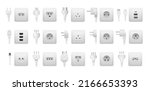 Realistic socket and plug. AC power connector, American and European types of electric equipment. Vector multiple standards socket and plug isolated set. Different adapters for electrical appliances
