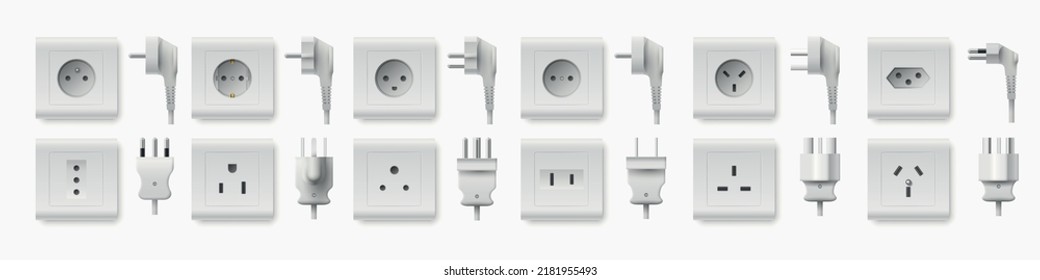 Realistic socket and plug. Electricity chargers and adapters. 3D plastic interior elements. Different types. Home details. Electrical circuit connector. Vector electric