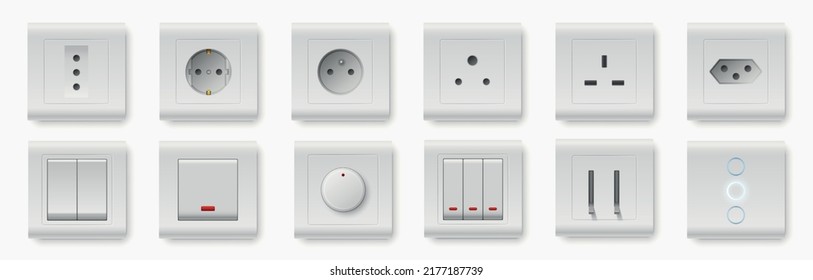 Realistic socket and switch. Interior wall outlets or electric connectors. Different square types. Plastic light toggle. Plug adapter shapes. Home buttons. Vector