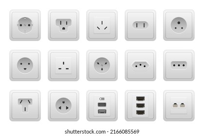 Realistic socket types. AC power wall socket mock up, USB hand drawnMI RG45 electric ports, European and American electricity sockets. Vector isolated set. Ports for electrical equipment charging