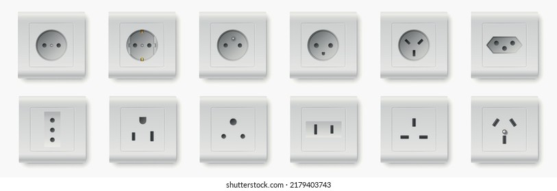 Realistic socket types. Plastic white interior wall outlets mockup. Different power contacts. Electrical charging equipment. Electricity circuit connector. Vector