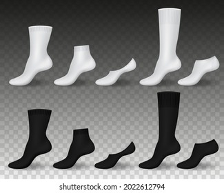 Realistic socks. Black white blank wear templates, classic fabric accessories, different lengths, long and short, cotton foot clothes, casual and sports types. Vector isolated set