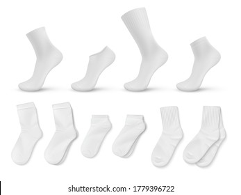 Realistic socks. White empty isolated foot wear mockup for brand identity or product design template. Vector illustration blank image trendy clothing set for legs