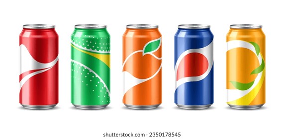 Realistic soda drink cans. Vector 3d mockups of aluminum or tin cans for soft beverage, sparkling water, fruit juice, energy drink or lemonade. Aluminium jars set with colorful labels and shadows