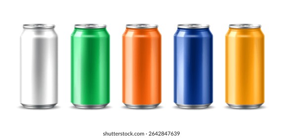 Realistic soda drink cans. Vector 3d mockups of aluminum or tin cans for soft beverage, sparkling water, fruit juice, energy drink or lemonade. Aluminium jars set with colorful labels and shadows