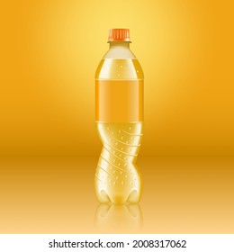 Realistic soda lemonade bottle mock up with yellow label isolated on yellow background reflected off the floor, vector illustration. Suitable for large format ads, billboards and posters