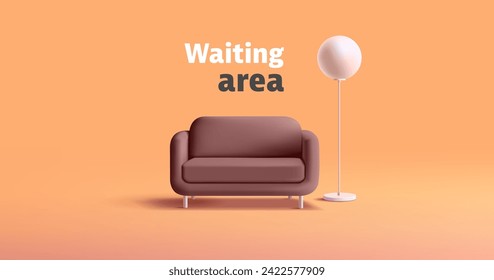 Realistic sofa with floor lamp, 3D. Waiting area. Modern furniture for home, office, service, and interior design. Vector