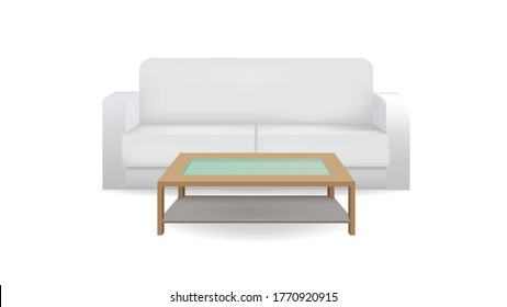 Realistic sofa and table on white background