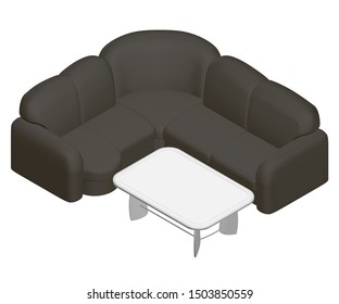 Realistic sofa and table. View isometric. 3D. Vector illustration.