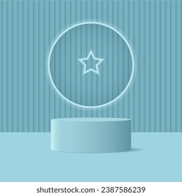 Realistic soft blue 3D cylindrical pedestal podium with vertical line textured wall scene. Minimal scene for mockup product display presentation. Vector rendered geometric shapes. and a star logo