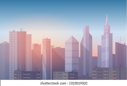 Realistic, soft cartoon cityscape vector background. Beautiful skyline city with skyscrapers in sunset or sunrise vector illustration.