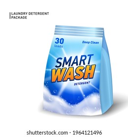 Realistic soft container for detergent. Detergent package template with designed logo and realistic soap foam.