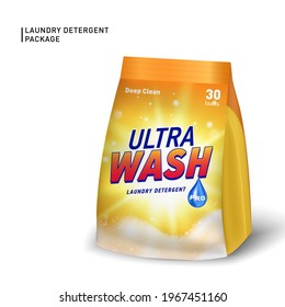 Realistic soft container for detergent. Detergent package template with designed logo and realistic soap foam.