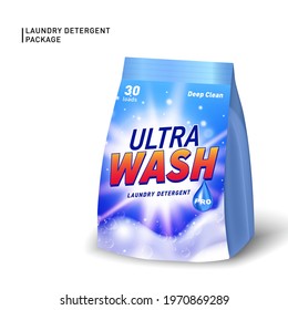 Realistic soft container for detergent. Detergent package template with designed logo and realistic soap foam.