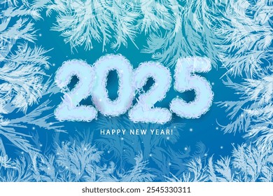 Realistic soft fluffy figures of 2025 and a festive frosty background. Vector festive illustration. Happy New Year 2025. Christmas decoration. A decorative element with tinsel