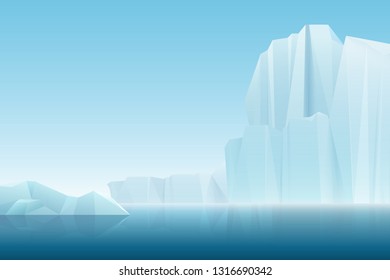 Realistic soft fog arctic iceberg ice mountains with blue sea, winter landscape. Vector nature cartoon background illustration.