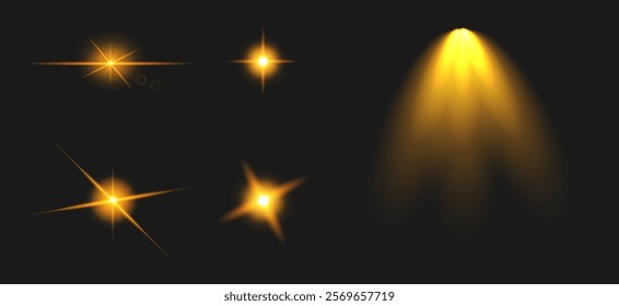 Realistic, soft golden light flares with a glowing and shimmering effect. A vast collection of flashes and spotlights, ideal for festive cards, decorations, and vibrant, eye-catching background design