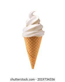 Realistic soft ice cream waffle cone. Soft serve ice cream, 3d vector american sundae swirl in wafer cone or machine vanilla ice cream. Fast food restaurant frozen dessert - Shutterstock ID 2019734336