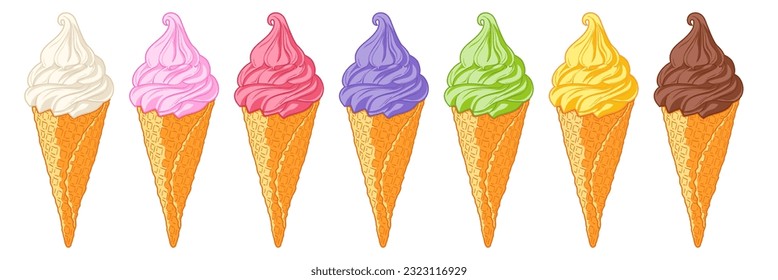 Realistic soft ice cream waffle cone. Ieice-cream in waffle cones with assorted of sundae
 vanilla, blueberries, berries, lavender, strawberry,  chocolate. Set of color various vector illustration