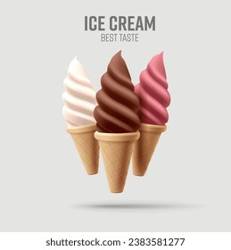 Realistic soft ice cream in waffle cone. Soft serve ice cream, 3d vector american sundae swirl in three flavors, chocolate, vanilla and berry, isolated