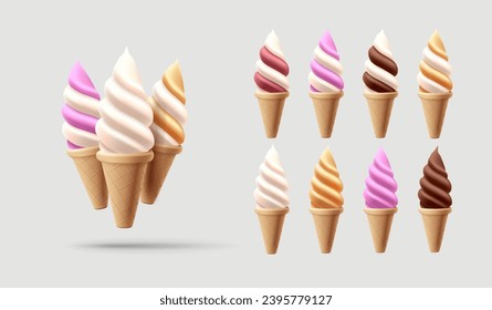 Realistic soft ice cream in waffle cone set. Soft serve ice cream, 3d vector american sundae swirl in three flavors, chocolate, vanilla and berry