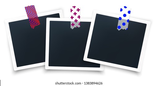 Realistic soft photo frames glued on the wall with japanese washi tape stickers. Isolated on white with shadow vector illustration. Instagram printed photo