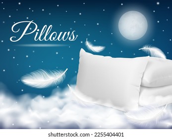 Realistic soft pillow sweet dream poster. White pillows and flying feathers in night sky with clouds. Pithy vector bed relaxing, sleep ad banner