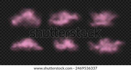 Realistic soft pink clouds, smoke, fog set. Vector illustration of magic haze, cotton clouds isolated on transparent background