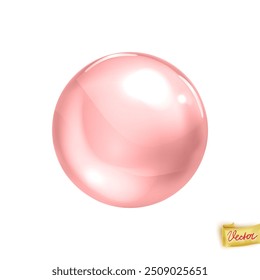 Esfera de vidro rosa macio realista isolado no fundo rosa pastel. 3d lindo rosa brilhante orbe, cosmético elemento gota. Essência de colágeno vetorial, talão de vidro ou modelo de óleo de vitamina brilhante