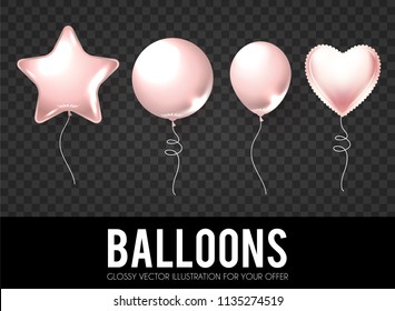 Realistic Soft Pink Glossy Foil Balloons Collection. Vector illustration