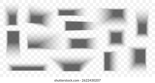 Realistic Soft Rectangle Shadows for Branding, Web Design, and Product Mockups, Isolated Transparent Overlay Set with Blurred Edges for Easy Use on Backgrounds. Vector Illustration.
