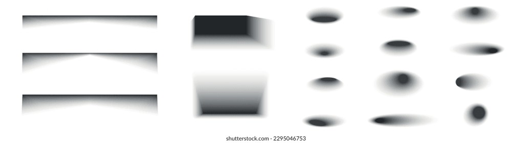 Realistic soft shadows set. Gray box, round and oval drop shadows collection. Vector isolated illustration