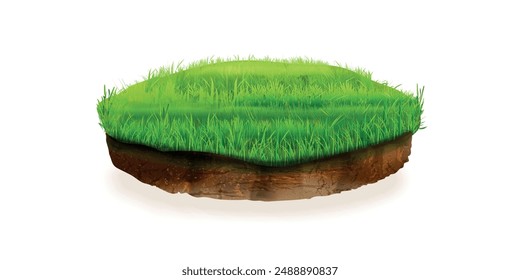 Realistisches Bodenstück. 3D-Land-Kreis-Grundstück Stücke, schwimmende isolierte Bodenscheibe Rasengras, Garten-Feld-Wiese-Stück Umwelt Öko-Werbung Exakte Vektorillustration Autoren Grafiken