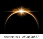 Realistic solar eclipse with shining star, nebula, lens flare light overlay effect on black background. Vector yellow glowing sunlight semicircle in black space. Dawn over the planet.