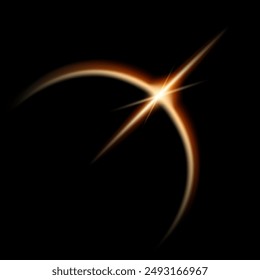 Realistic solar eclipse with shining star, lens flare light overlay effect on black background. Vector yellow glowing sunlight semicircle in black space.