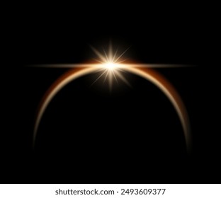 Realistische Sonnenfinsternis mit leuchtendem Stern, Linsenflare Licht Overlay-Effekt auf schwarzem Hintergrund. Vektorgrafik gelb leuchtendes Sonnenlicht Halbkreis in Schwarz. Dämmerung über den Planeten.