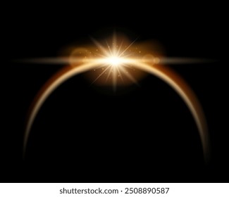 Realistic solar eclipse with shining star, nebula, lens flare light overlay effect on black background. Vector yellow glowing sunlight semicircle in black space. Dawn over the planet.