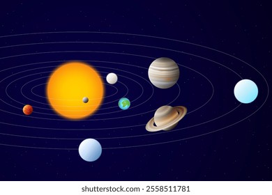 Realistic Solar System Illustration with Planets Rotating Around the Sun. Mercury, Venus, Earth, Mars, Jupiter, Saturn, Uranus and Neptune Planet in Space