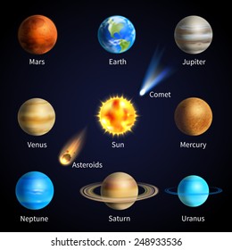 Realistic Solar System Planets And Space Objects Set Isolated Vector Illustration