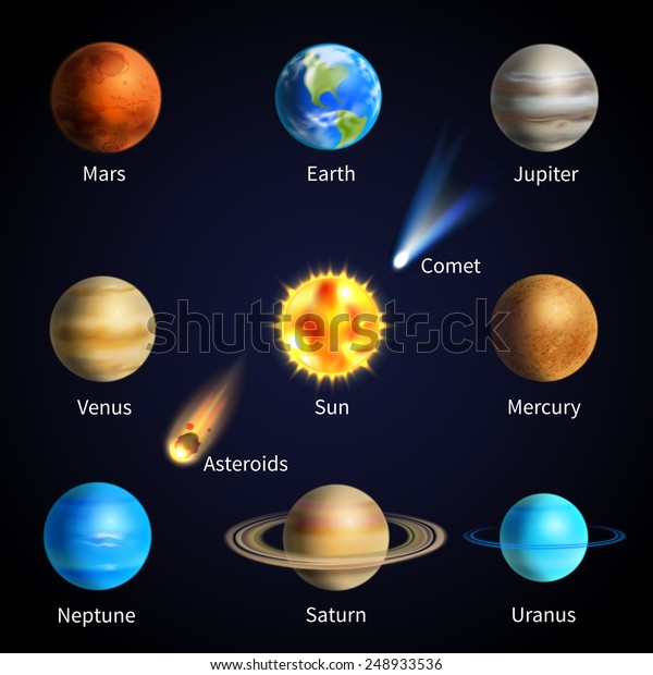 Realistic Solar System Planets Space Objects Stock Vector (Royalty Free ...