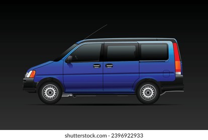 Realistic solid blue low specification Japanese specification minivan or mini MPV from 90's era on the dark gradient background illustration vector.