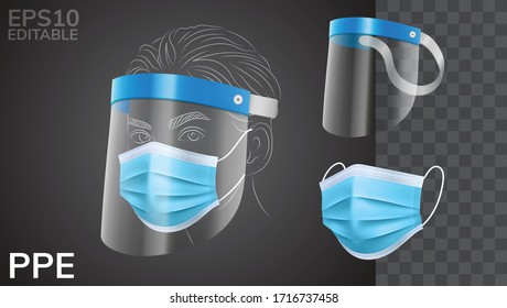 Realistic Solid Personal Protective Equipment Set. Face Shield And Surgical Mask In Isolated Vector	
