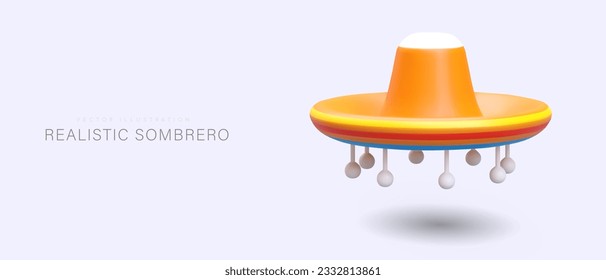 Realistic sombrero with ball fringe. National Mexican headdress. Colorful festive accessory. Advertising template for holiday organizers, animators, musicians