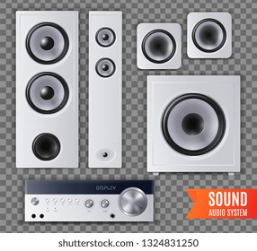 Realistic sound audio system transparent icon set with different shape and size vector illustration