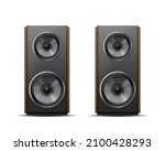 Realistic sound speaker in black plastic body. Music loudspeaker, sub woofer acoustic stereo musical equipment icon isolated on white background. 3d vector illustration