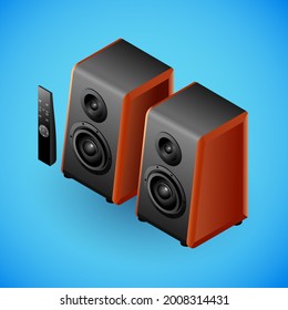 Realistic sound speakers in isometry. Vector isometric illustration of electronic device, speakers with remote control. Portable electronic gadget isolated on blue background