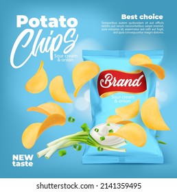 Realistic sour cream and onion flavored potato chips, vector snack food package. Falling chips with blue bag of crunchy vegetable slices, chopped green onion, cream bowl, 3d junk food package