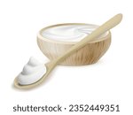 Realistic Sour Cream In Wooden Bowl And Spoon. EPS10 Vector