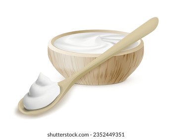 Realistic Sour Cream In Wooden Bowl And Spoon. EPS10 Vector